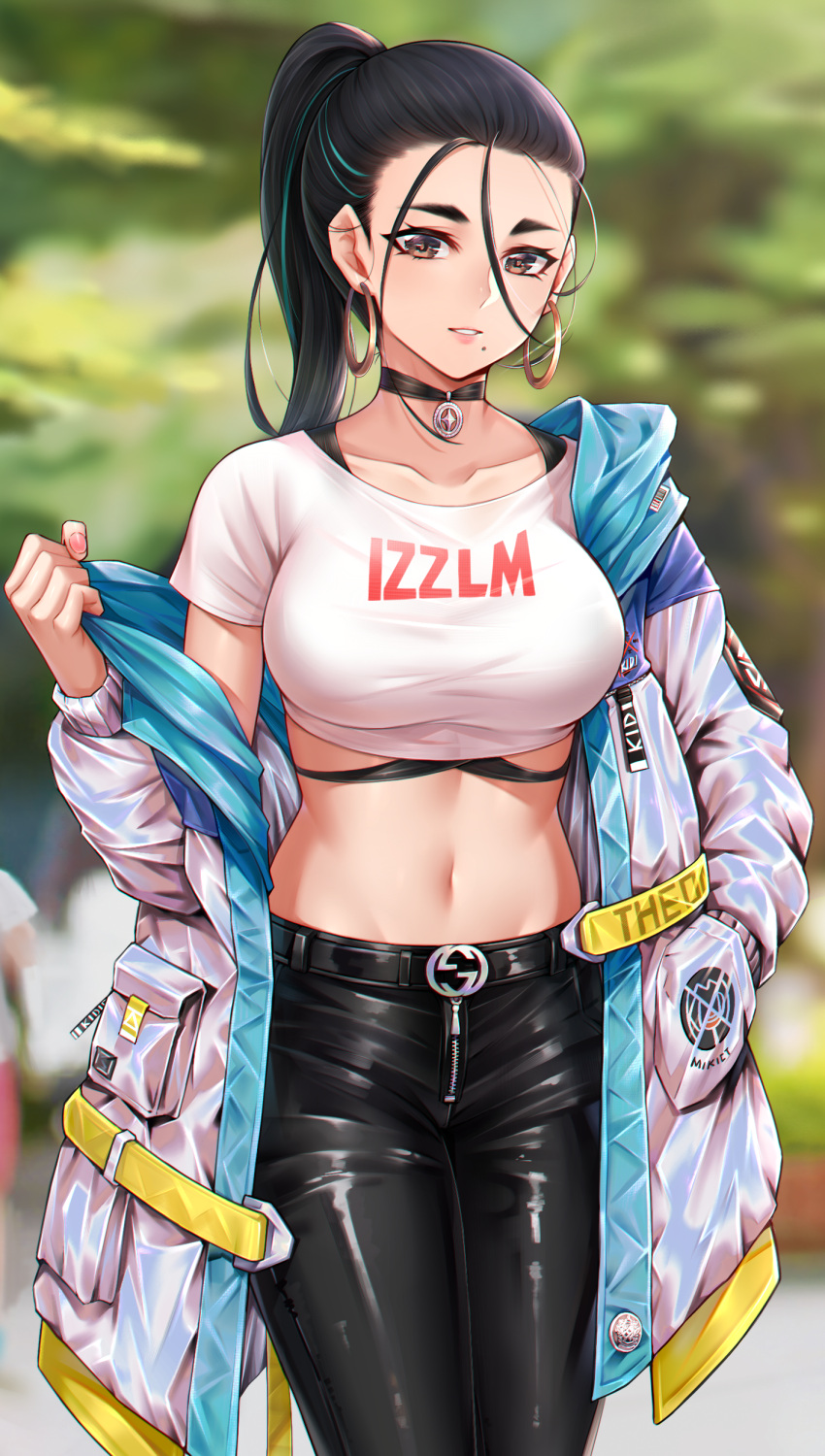 1girl absurdres black_choker black_hair black_pants blue_hair blurry blurry_background breasts brown_eyes chinese_commentary choker clothes_writing coat commentary_request crop_top earrings grey_coat hand_in_pocket highres hoop_earrings hua-j jewelry large_breasts long_hair long_sleeves looking_at_viewer midriff mole mole_under_mouth multicolored_hair navel off_shoulder open_clothes open_coat original pants parted_lips ponytail shirt short_sleeves solo standing streaked_hair white_shirt zipper