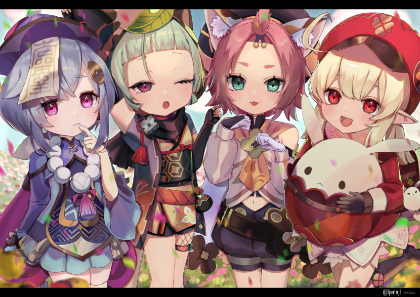 4girls :3 :d :p ahoge animal_ears animal_hood arm_guards arm_up backpack bag bag_charm bangs bangs_pinned_back bead_necklace beads black_gloves black_scarf black_shorts bloomers blunt_bangs blurry boots brown_footwear brown_gloves brown_scarf cabbie_hat cape carrying cat_ears cat_girl charm_(object) chinese_clothes clover_print coat coin_hair_ornament commentary_request depth_of_field detached_sleeves diona_(genshin_impact) dodoco_(genshin_impact) eyebrows_visible_through_hair fake_animal_ears field finger_to_mouth fingerless_gloves flower flower_field forehead genshin_impact gloves green_eyes hair_between_eyes hat hat_feather hat_ornament highres hood index_finger_raised japanese_clothes jewelry jiangshi jumpy_dumpty klee_(genshin_impact) knee_boots kneehighs leaf leaf_on_head light_brown_hair long_hair long_sleeves looking_at_viewer low_twintails multiple_girls navel necklace ninja obi ofuda one_eye_closed open_mouth parted_lips paw_pose petals pink_hair pocket pointy_ears pouch puffy_detached_sleeves puffy_shorts puffy_sleeves purple_hair qing_guanmao qiqi_(genshin_impact) raccoon_ears randoseru red_coat red_eyes red_headwear sash sayu_(genshin_impact) scarf short_hair shorts shuriken sidelocks silver_hair smile standing standing_on_one_leg tamago_tyoko_(ijen0703) thick_eyebrows thigh-highs tongue tongue_out twintails underwear violet_eyes vision_(genshin_impact) weapon white_gloves white_legwear wind zettai_ryouiki