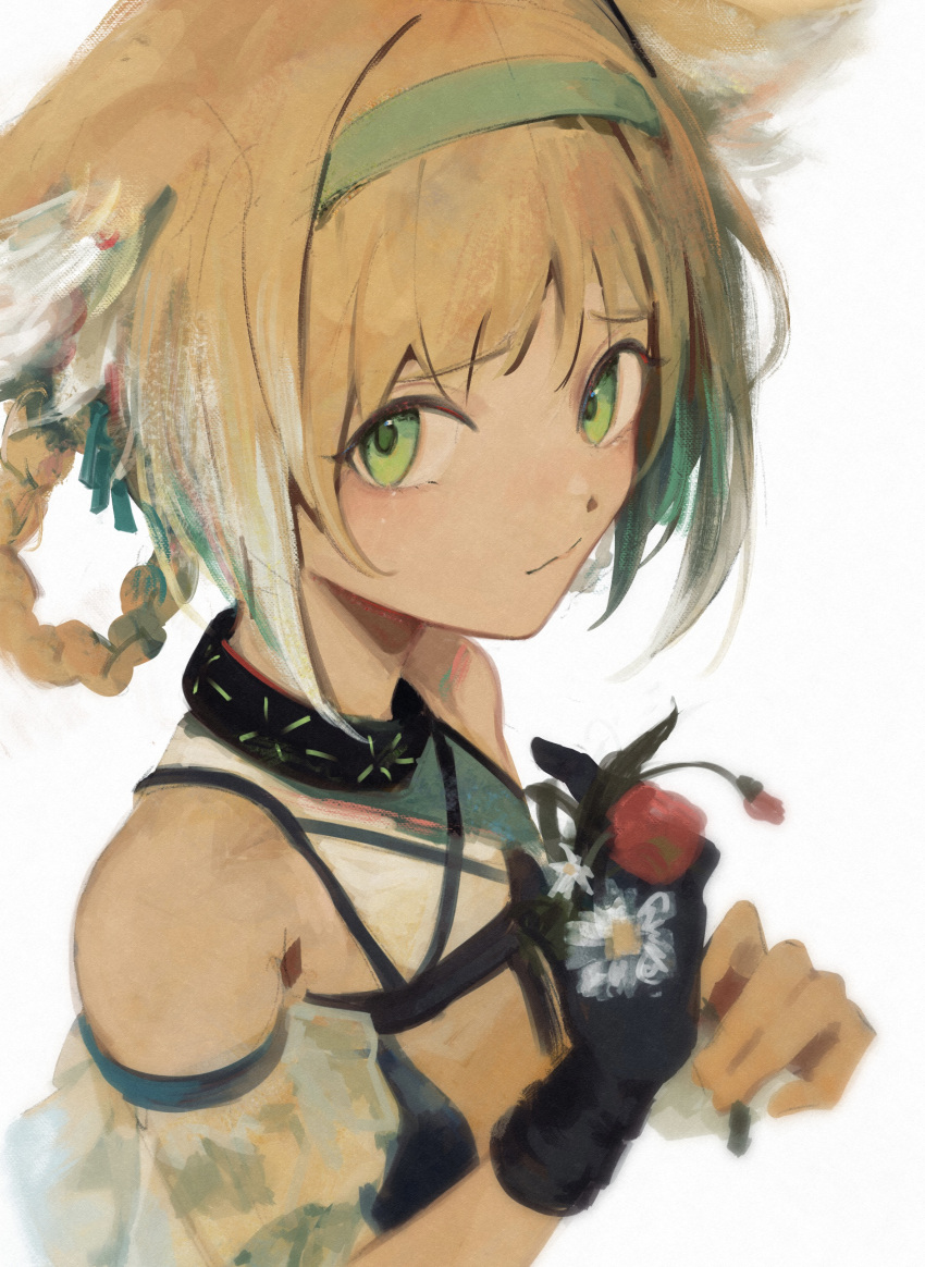 1girl 7ife absurdres animal_ears arknights black_gloves blonde_hair blue_hairband closed_mouth collar commentary dress english_commentary eyebrows_visible_through_hair flower fox_ears gloves green_eyes hair_rings hairband highres holding holding_flower infection_monitor_(arknights) looking_at_viewer multicolored_hair office_lady red_flower simple_background single_glove solo streaked_hair suzuran_(arknights) upper_body white_background white_dress white_flower white_hair