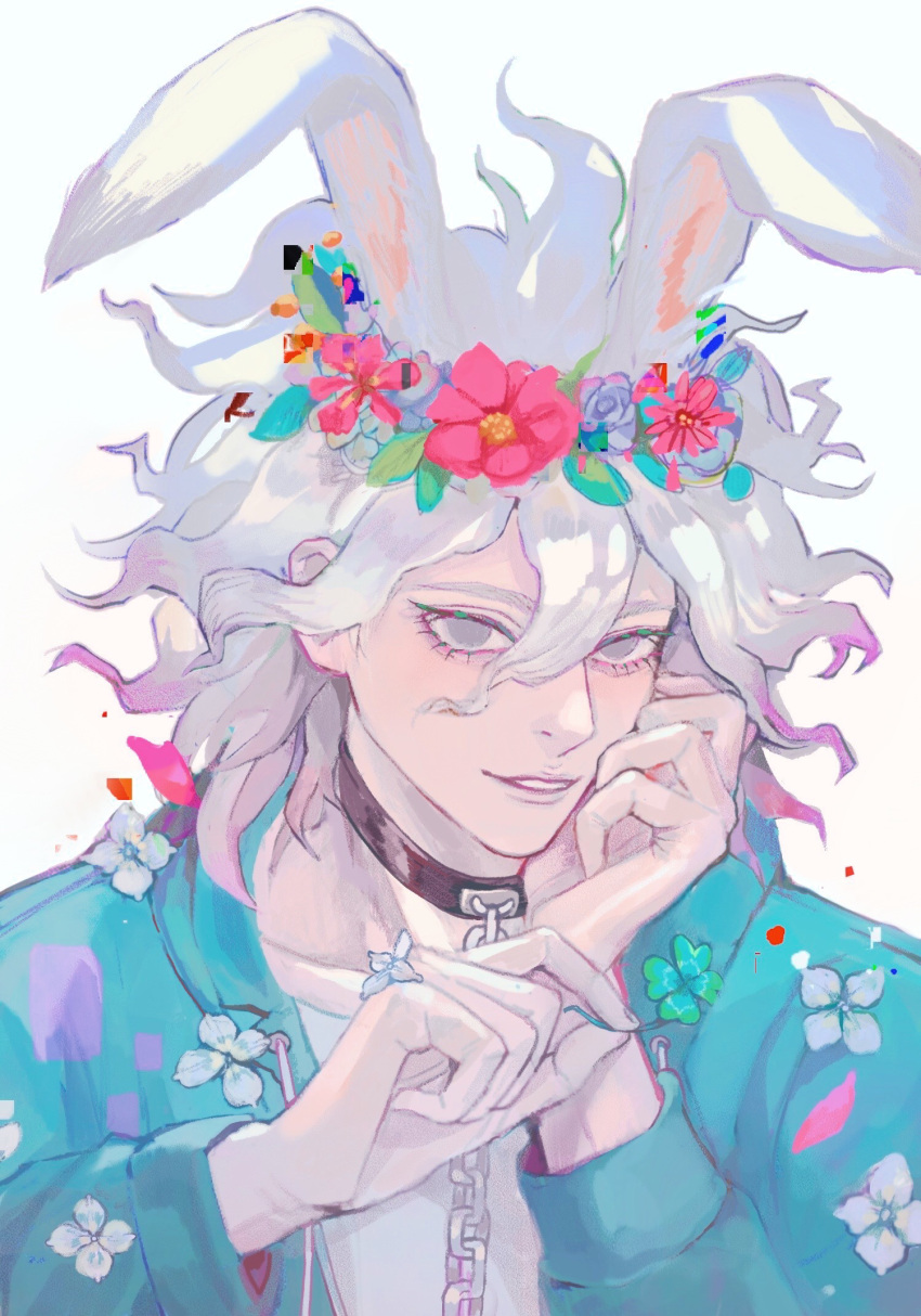 1boy animal_ears bangs chain chained collar danganronpa_(series) danganronpa_2:_goodbye_despair flower green_jacket grey_background grey_eyes grey_hair hair_between_eyes hands_up head_wreath highres jacket komaeda_nagito long_hair long_sleeves looking_at_viewer male_focus messy_hair open_clothes open_jacket petals rabbit_ears simple_background smile solo sweater teeth upper_body white_hair zhileng_kong_tiao