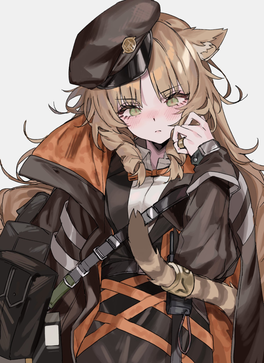 1girl animal_ears aogisa arknights beret black_headwear black_shirt blush bow bowtie brown_jacket eyebrows_visible_through_hair green_eyes grey_background hand_up hat highres jacket looking_at_viewer open_clothes open_jacket orange_neckwear pinky_ring pouch shirt simple_background solo swire_(arknights) tail tiger_ears tiger_girl tiger_tail undershirt upper_body white_shirt
