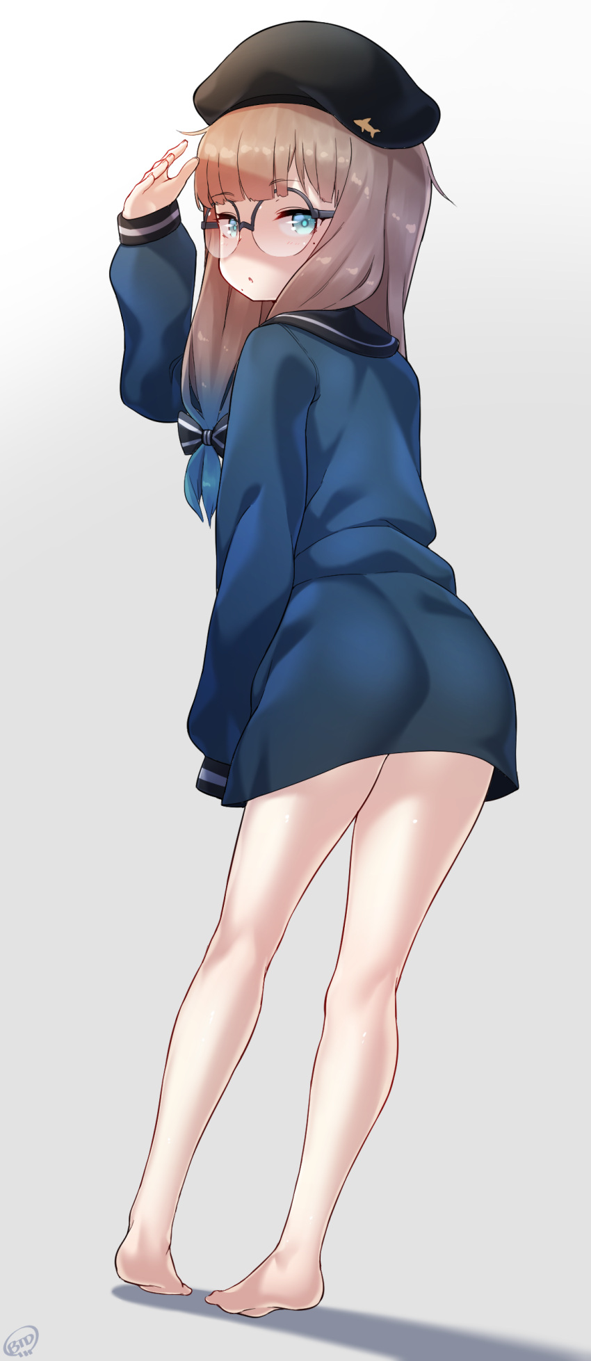 1girl absurdres artist_name ass bangs barefoot beret black_headwear black_sailor_collar blue_bow blue_hair blue_shirt blunt_bangs blush born-to-die bottomless bow brown_hair dutch_angle eyebrows_visible_through_hair fate/grand_order fate_(series) from_behind full_body genderswap genderswap_(mtf) glasses gradient gradient_background gradient_hair grey_background hair_bow half-closed_eyes hand_up hat highres kneepits legs light_blush long_hair long_sleeves looking_at_viewer looking_back mole mole_under_eye multicolored_hair nemo_(fate) open_mouth oversized_clothes oversized_shirt professor_nemo_(fate) round_eyewear sailor_collar shading_eyes shiny shiny_hair shiny_skin shirt sidelocks signature simple_background sleeves_past_fingers sleeves_past_wrists solo standing two-tone_hair