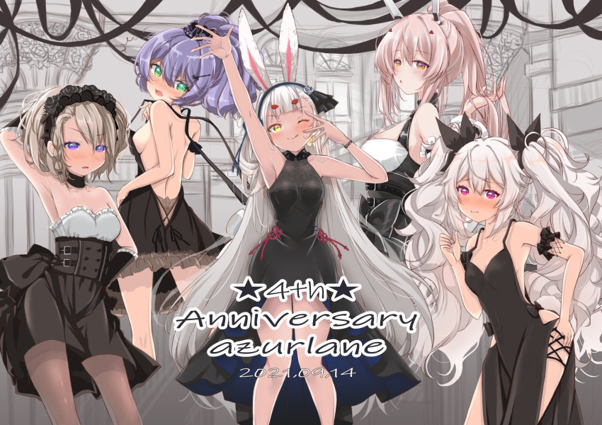 5girls animal_ears arm_behind_head arm_up ayanami_(azur_lane) azur_lane black_dress black_flower black_ribbon breasts cocktail_dress dated dress evening_gown flower framed_breasts hair_ribbon headgear high-waist_skirt highres javelin_(azur_lane) laffey_(azur_lane) light_brown_hair long_hair mikuchi3939 multiple_girls pantyhose rabbit_ears ribbon shimakaze_(azur_lane) sideboob skirt sleeveless sleeveless_dress small_breasts twintails very_long_hair violet_eyes white_hair z23_(azur_lane)