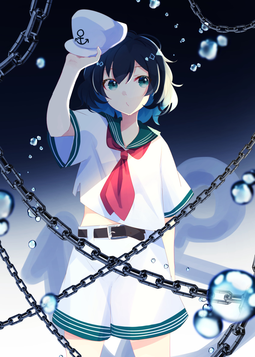 1girl absurdres anchor anchor_symbol bangs belt black_hair bubble chain eyebrows_visible_through_hair green_eyes hair_between_eyes hat highres looking_to_the_side murasa_minamitsu o3o one-hour_drawing_challenge red_neckwear sailor_collar sailor_hat sailor_shirt shinketsu_kanyu shirt short_hair shorts solo touhou underwater white_shirt white_shorts