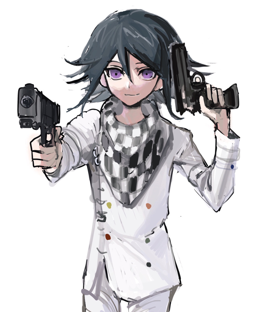 1boy absurdres bangs black_hair buttons checkered checkered_neckwear checkered_scarf danganronpa_(series) danganronpa_v3:_killing_harmony double-breasted foreshortening grey_jacket gun hair_between_eyes handgun highres holding jacket long_sleeves male_focus ouma_kokichi pants pistol scarf simple_background smile solo tama_rick violet_eyes weapon white_background white_pants