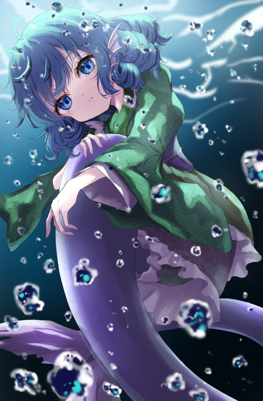 1girl bangs blue_eyes blue_hair blurry bubble closed_mouth depth_of_field drill_locks eyebrows_visible_through_hair frilled_kimono frills full_body head_fins highres japanese_clothes kayon_(touzoku) kimono long_sleeves looking_at_viewer mermaid monster_girl short_hair solo touhou underwear wakasagihime
