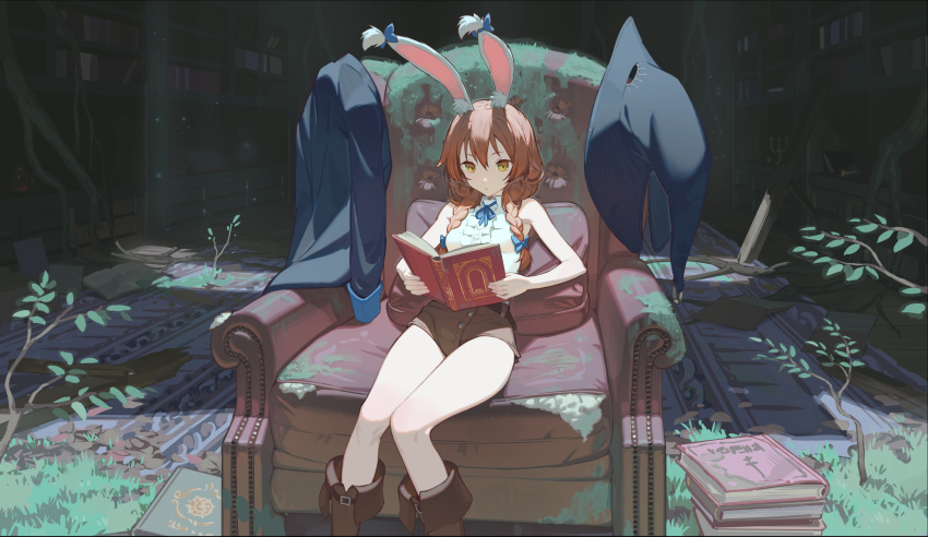 1girl abandoned animal_ear_fluff animal_ears armchair black_jacket blue_neckwear book book_stack bookshelf boots braid branch brown_footwear brown_hair brown_shorts center_frills chair closed_mouth commentary cushion english_commentary feet_out_of_frame frills grass hat hat_removed headwear_removed highres hks_(timbougami) holding holding_book indoors jacket jacket_removed light_particles long_hair neck_ribbon original overgrown rabbit_ears reading ribbon shirt shorts sitting sleeveless sleeveless_shirt solo twin_braids twintails white_shirt witch_hat yellow_eyes