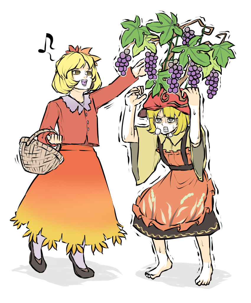 aki_minoriko aki_shizuha apron barefoot basket black_skirt blonde_hair clenched_teeth food food-themed_hair_ornament fruit grape_hair_ornament grapes hair_ornament highres leaf_hair_ornament long_sleeves musical_note open_mouth peroponesosu. red_shirt shirt shoes short_hair siblings simple_background sisters skirt spoken_musical_note steam_from_mouth sweatdrop teeth touhou trembling white_background wide_sleeves yellow_eyes yellow_shirt