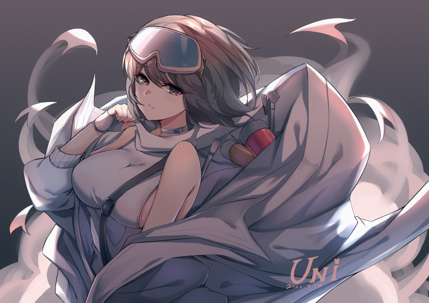1girl absurdres arknights artist_name breasts chinese_commentary commentary_request dated eyebrows_visible_through_hair fingerless_gloves gloves goggles goggles_on_head grey_background grey_choker grey_eyes grey_gloves grey_hair highres jacket large_breasts looking_at_viewer medium_hair open_clothes open_jacket paintbrush parted_lips roberta_(arknights) shirt sideboob simple_background sleeveless sleeveless_shirt smoke solo strap unique_(pixiv12704744) white_jacket white_shirt