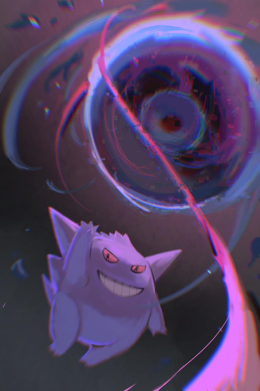 absurdres chromatic_aberration commentary_request energy_ball from_below gengar grin highres looking_down no_humans pokemon pokemon_(creature) smile solo teeth ushien