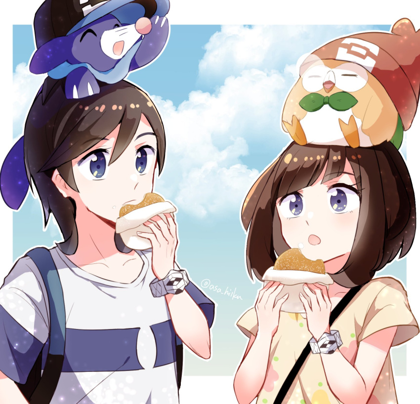 1boy 1girl :o bangs baseball_cap blue_eyes border bracelet brown_hair bubble closed_mouth clouds collarbone commentary_request eating elio_(pokemon) eyebrows_visible_through_hair eyelashes food food_on_face hand_up hat hatted_pokemon highres holding jewelry malasada on_head open_mouth outside_border pokemon pokemon_(creature) pokemon_(game) pokemon_on_head pokemon_sm popplio rowlet selene_(pokemon) shirt short_sleeves sky sleeping striped striped_shirt t-shirt tere_asahi tongue white_border yellow_shirt z-ring