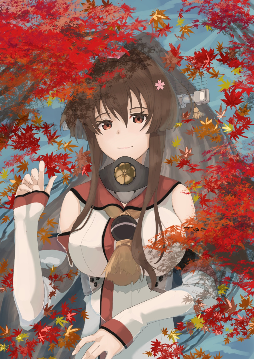 1girl autumn_leaves bangs breasts brown_eyes brown_hair commentary detached_sleeves flower hair_flower hair_ornament headgear highres hira_(hinakomochi) kantai_collection large_breasts leaf long_hair looking_at_viewer maple_leaf partially_submerged pink_flower smile solo tassel upper_body water yamato_(kancolle)