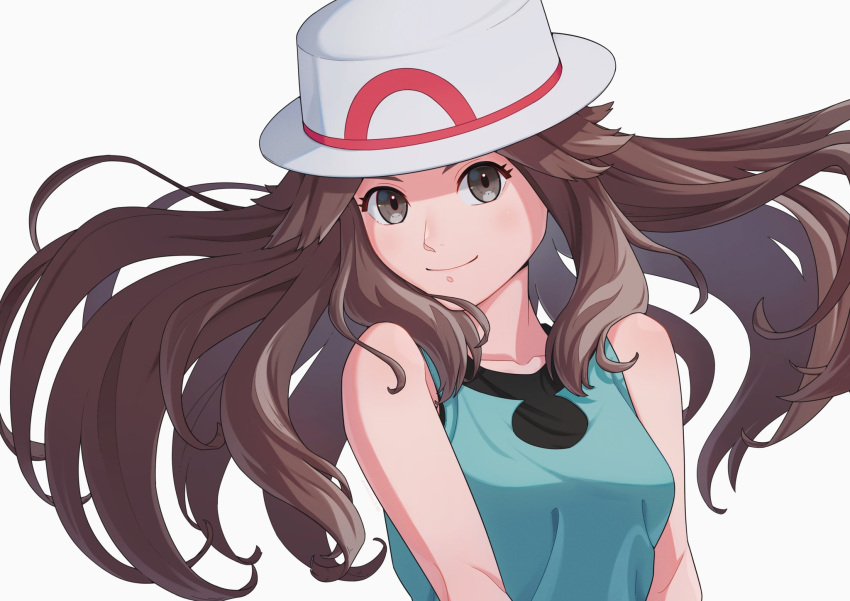 1girl bare_arms breasts brown_hair bucket_hat closed_mouth collarbone commentary_request eyelashes floating_hair green_shirt grey_eyes hair_flaps hat highres leaf_(pokemon) long_hair looking_at_viewer pokemon pokemon_(game) pokemon_frlg ruinai shirt simple_background sleeveless sleeveless_shirt smile solo upper_body white_background white_headwear