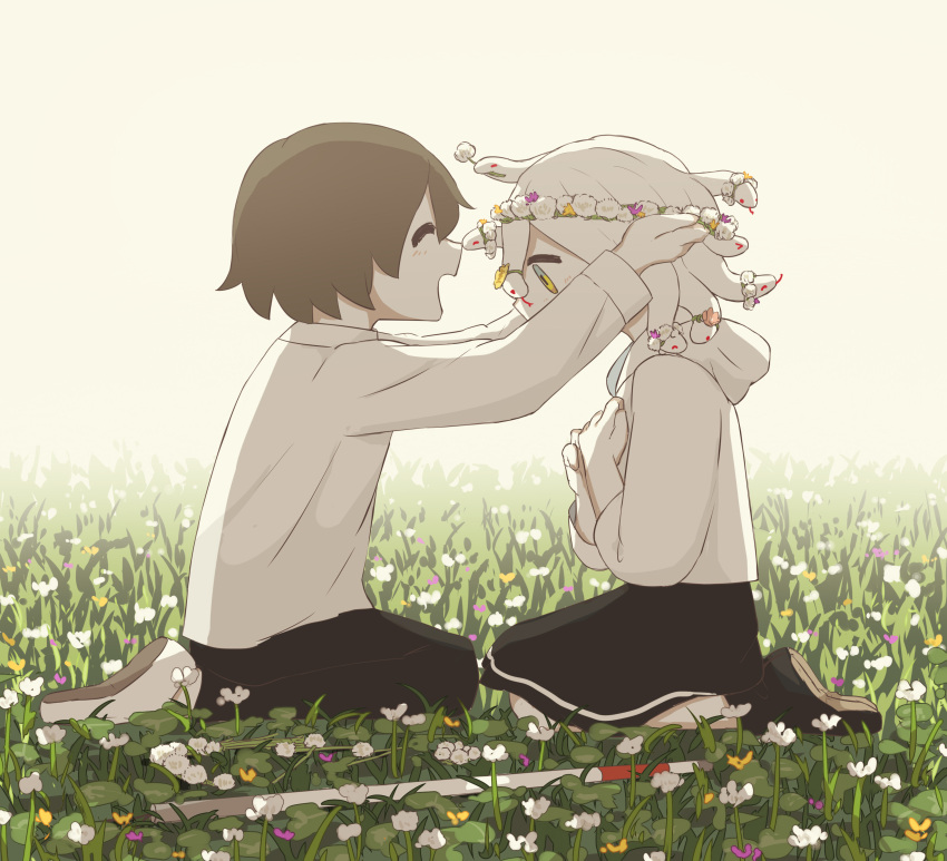 &gt;_&lt; 1boy 1girl :d absurdres avogado6 black_footwear black_pants black_skirt blind blue_eyes brown_hair child closed_eyes closed_mouth commentary_request couple field flower flower_field from_side head_wreath hetero highres long_sleeves multicolored multicolored_eyes open_mouth original pants profile seiza shoes sitting skirt smile snake snake_hair white_cane white_flower white_footwear white_hair wide-eyed wreath yellow_eyes