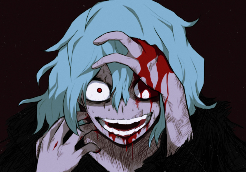 1boy bangs black_background blood blood_on_face blood_on_hands blue_hair boku_no_hero_academia commentary_request hair_between_eyes hand_in_hair highres injury looking_at_viewer male_focus open_mouth portrait red_eyes shigaraki_tomura shii_(shiii24) short_hair simple_background smile solo teeth
