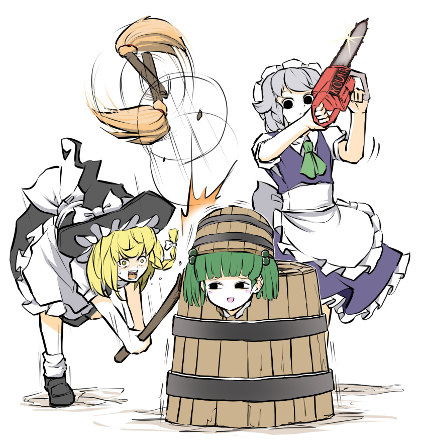 3girls apron bangs barrel black_skirt black_vest blonde_hair blue_dress blunt_bangs blush_stickers bow braid broken broom chainsaw collared_shirt dress empty_eyes green_bow green_hair hair_ribbon hat highres izayoi_sakuya kirisame_marisa kisume long_hair maid_apron maid_headdress multiple_girls open_mouth peroponesosu. puffy_sleeves ribbon shirt shoes silver_hair skirt socks touhou tress_ribbon twin_braids twintails vest white_shirt witch_hat yellow_eyes