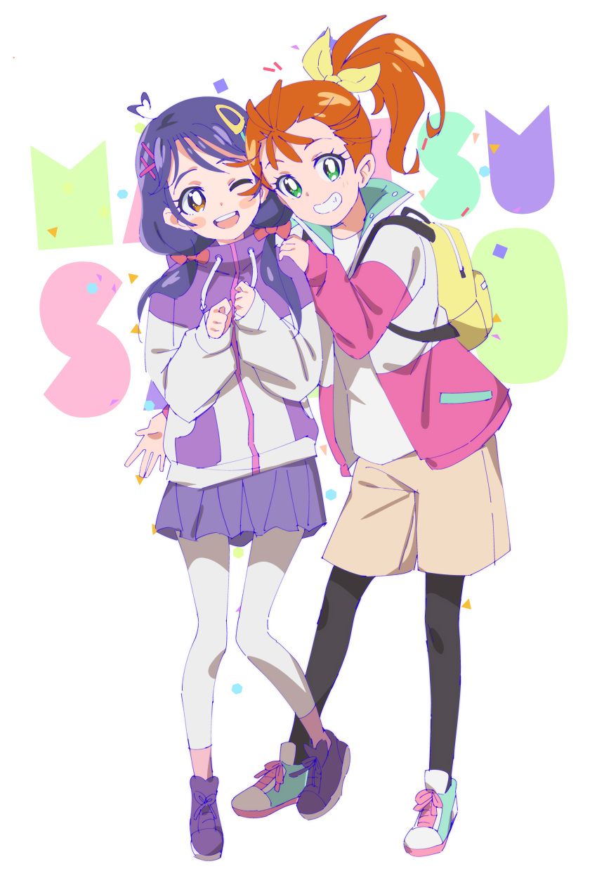 2girls :d absurdres ahoge backpack bag black_legwear blush blush_stickers bow brown_eyes brown_shorts character_name clenched_hands commentary english_commentary full_body green_eyes grin hair_bow hair_flaps hair_ornament hair_over_shoulder hand_on_another's_shoulder heart heart_ahoge heart_in_eye highres jacket long_hair long_sleeves low-tied_long_hair low_twintails multicolored multicolored_clothes multicolored_footwear multicolored_jacket multiple_girls natsuumi_manatsu open_mouth orange_hair pants pantyhose pink_bow pink_jacket pleated_skirt precure purple_footwear purple_hair purple_jacket purple_skirt shoes shorts side_ponytail skirt smile sneakers suzumura_sango symbol_in_eye teeth tomatomagica triangle_hair_ornament tropical-rouge!_precure twintails upper_teeth white_jacket white_pants x_hair_ornament yellow_bag yellow_bow yoga_pants