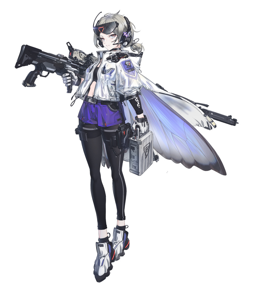 1girl blue_eyes butterfly_wings case cropped_jacket eyewear_on_head full_body gloves gun headset highres holding holding_gun holding_weapon leggings legwear_under_shorts looking_at_viewer medium_hair midriff miv4t navel original over_shoulder platinum_blonde_hair rifle shoes shorts sneakers sniper_rifle solo sunglasses thigh_pouch weapon weapon_over_shoulder white_background white_gloves wings