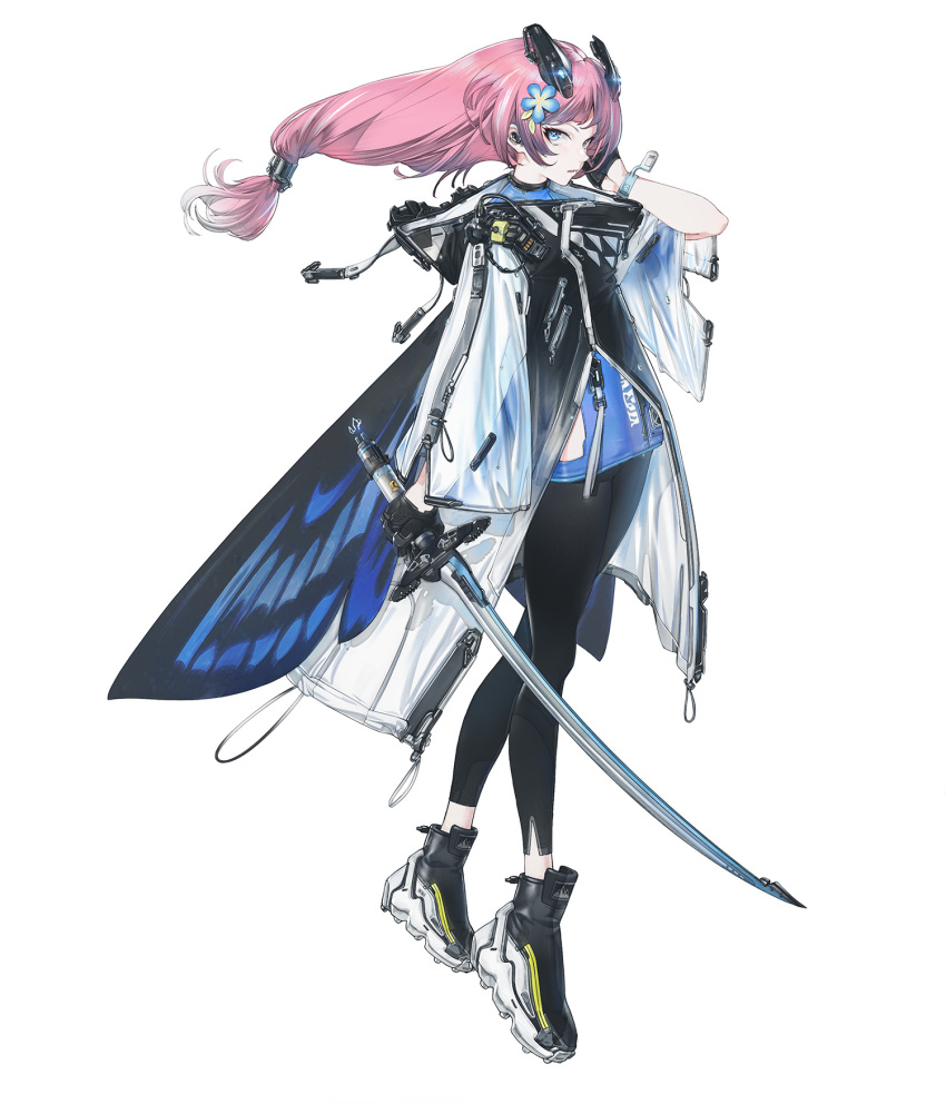 1girl black_gloves blue_eyes butterfly_wings coat earpiece flower full_body gloves hair_flower hair_ornament half_gloves headgear highres holding holding_sword holding_weapon hooded_coat katana leggings long_hair looking_at_viewer miv4t original pink_hair see-through shoes sneakers solo sword weapon white_background wings