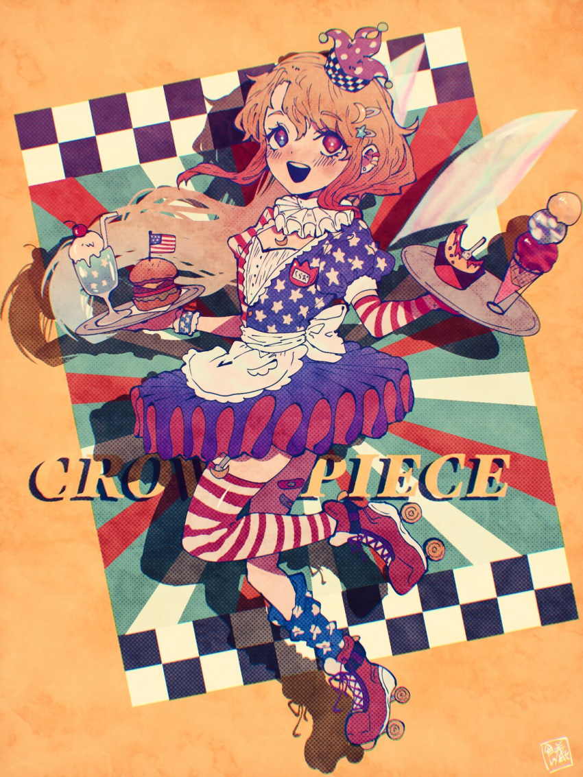 1girl adapted_costume alternate_costume american_flag american_flag_legwear apron blonde_hair blue_eyes burger character_name clownpiece crescent crescent_hair_ornament eyebrows_visible_through_hair food hair_between_eyes hair_ornament hat heterochromia highres ice_cream long_hair mini_hat neck_ruff open_mouth puffy_short_sleeves puffy_sleeves red_eyes roller_skates short_sleeves skates sokura_(mochichitose) solo touhou tray upper_teeth waitress yellow_background
