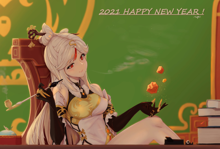 1girl 2021 blush book book_stack breasts commentary_request desk genshin_impact hair_ornament hair_rings hair_stick happy_new_year holding holding_pipe kiseru light_blush light_smile long_hair medium_breasts new_year ningguang_(genshin_impact) on_chair pipe red_eyes ropi_(yyuichi29) silver_hair sitting smile solo
