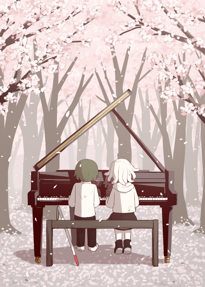 1boy 1girl :d absurdres avogado6 bench black_footwear black_pants black_skirt blind boots cherry_blossoms commentary_request forest from_behind green_hair highres instrument music nature on_bench open_mouth original pants piano playing_instrument reflection shoes sitting skirt smile snake_hair tree white_cane