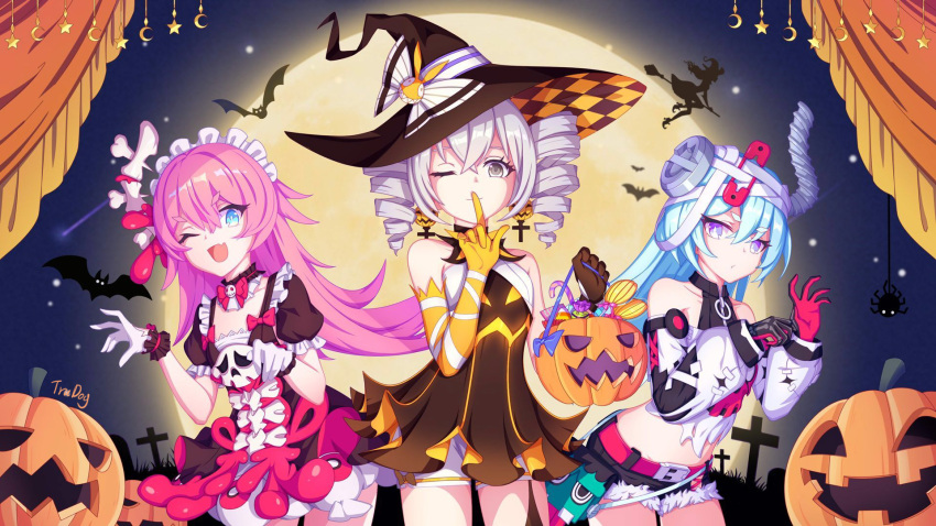 3girls :d artist_name asymmetrical_gloves bangs bare_shoulders bat black_gloves blue_eyes blue_hair bronya_zaychik bronya_zaychik_(snowy_sniper) broom broom_riding closed_mouth curtains drill_hair earrings elbow_gloves eyebrows_visible_through_hair full_moon gloves graveyard grey_eyes grey_hair hair_between_eyes halloween halloween_costume hat highres homu_(honkai_impact) honkai_(series) honkai_impact_3rd index_finger_raised jewelry liliya_olenyeva long_sleeves looking_at_viewer mismatched_gloves moon multiple_girls night night_sky one_eye_closed open_mouth orange_gloves pink_hair pumpkin rozaliya_olenyeva siblings sky smile thigh-highs tree trudog twin_drills twins white_gloves witch witch_hat