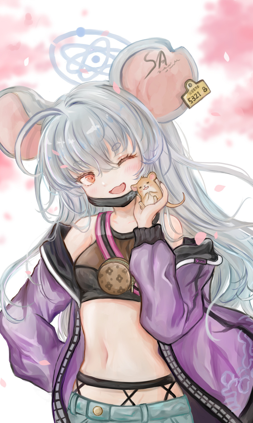 1girl absurdres alternate_costume animal_ears blue_archive blush breasts commentary_request grey_hair highres jacket looking_at_viewer mask midriff mouse mouse_ears mouth_mask navel one_eye_closed open_mouth petals red_eyes saya_(blue_archive) shorts simple_background small_breasts solo