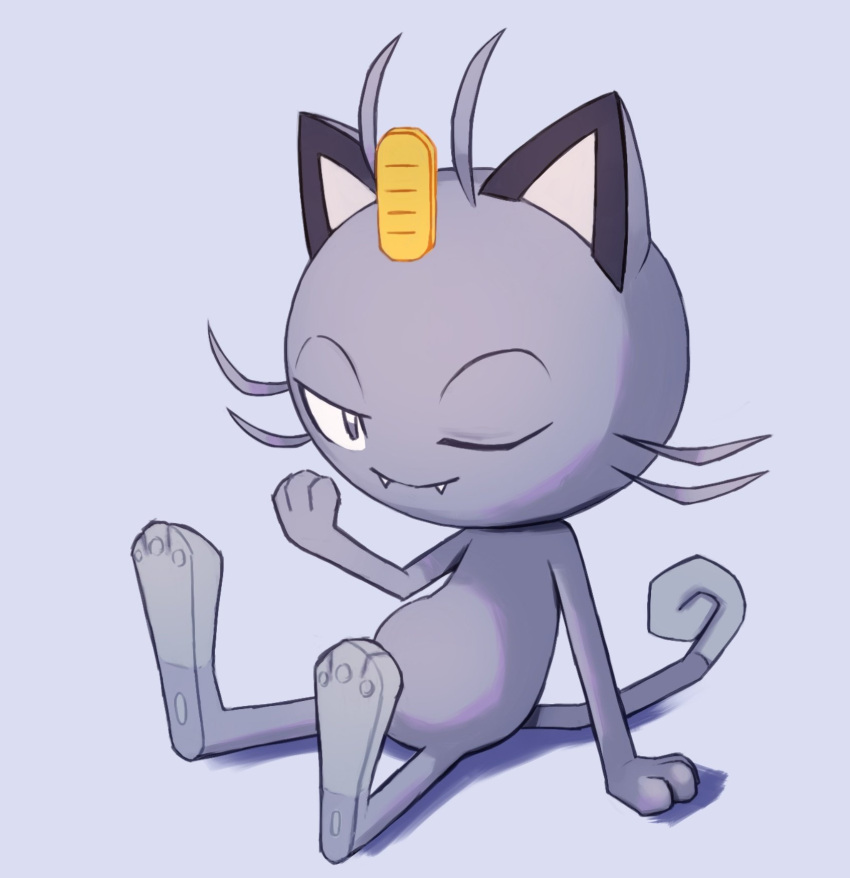 alolan_form alolan_meowth arm_support closed_mouth commentary_request fangs fangs_out full_body grey_background grey_eyes highres looking_at_viewer no_humans one_eye_closed pokemon pokemon_(creature) ruinai sitting smile solo toes