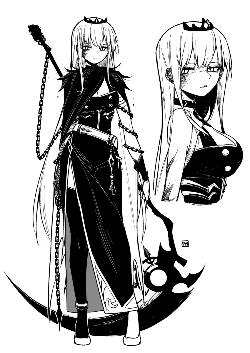 1girl angry_num bangs belt blunt_bangs breasts buttons chain double-breasted dress full_body greyscale high_heels highres holding holding_scythe hololive hololive_english jitome long_hair looking_at_viewer monochrome mori_calliope multiple_views nail_polish scythe shoes side_slit simple_background single_thighhigh sleeveless sleeveless_dress slit_pupils solo thigh-highs tiara upper_body veil very_long_hair virtual_youtuber white_background