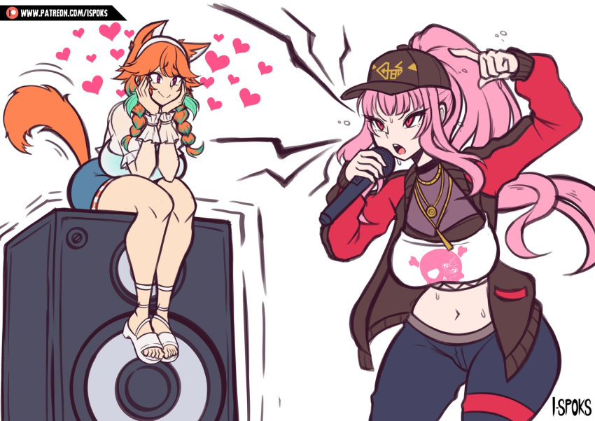 animal_ears bangs baseball_cap blunt_bangs cat_ears cat_girl cat_tail choker couple crop_top earrings feather_earrings feathers friday_night_funkin' gradient_hair hat holding holding_microphone hololive hololive_english ilustretsspoks jewelry kemonomimi_mode microphone mori_calliope multicolored_hair newgrounds rapping speaker tail track_suit virtual_youtuber yuri