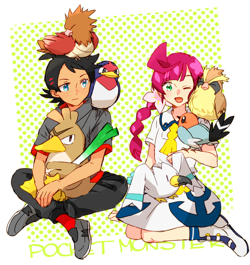 1boy 1girl ;d anchor_print animal_on_head animal_on_lap animal_on_shoulder bird bird_on_head bird_on_shoulder black_pants blue_eyes braid chloe_(pokemon) closed_eyes copyright_name crossed_legs farfetch'd fletchling goh_(pokemon) green_eyes grey_shirt highres hinata_(ryohinata) long_hair looking_at_animal looking_at_another on_head one_eye_closed open_mouth pants pidgey pink_hair pokemon pokemon_(anime) pokemon_(creature) shirt shoes simple_background sitting smile sneakers spearow taillow wingull