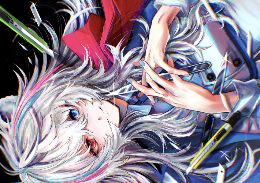 1girl 3_(sanyako1) absurdres arknights blue_eyes blue_hair blue_neckwear bow boxcutter commentary dutch_angle hands_together highres holding_boxcutter knife long_hair looking_at_viewer multicolored_hair necktie pink_hair pink_nails red_bow red_eyes red_nails rosa_(arknights) shirt smile solo streaked_hair white_hair white_shirt