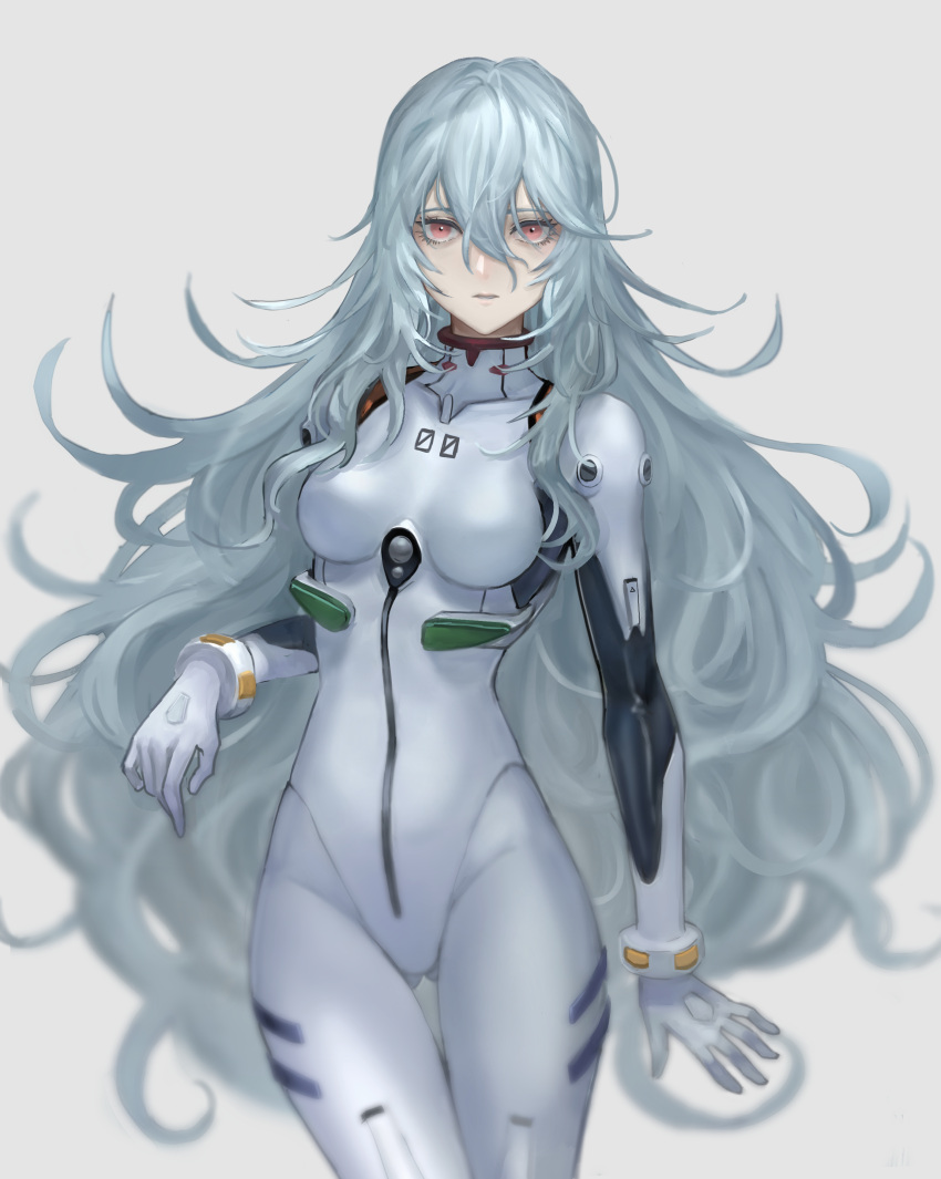 1girl absurdres alternate_hair_length alternate_hairstyle ass_visible_through_thighs ayanami_rei bangs bodysuit breasts bryanth collarbone cowboy_shot expressionless gloves grey_background hair_between_eyes highres long_hair looking_at_viewer medium_breasts neon_genesis_evangelion pale_skin parted_lips plugsuit red_eyes silver_hair simple_background solo thigh_gap very_long_hair white_bodysuit white_gloves
