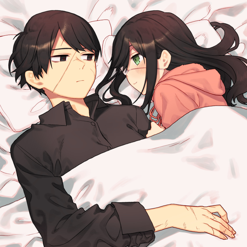 2girls alternate_costume bed black_eyes black_hair black_shirt blanket blush casual collared_shirt empty_eyes expressionless eyepatch green_eyes hair_down highres hood hood_down hoodie library_of_ruina long_hair looking_at_another michael_1987 multiple_girls partially_unbuttoned pillow pink_hoodie scar scar_on_cheek scar_on_face scar_on_hand scar_on_nose shared_blanket shirt short_hair sidelocks smile tenma_(library_of_ruina) under_covers yujin_(library_of_ruina) yuri