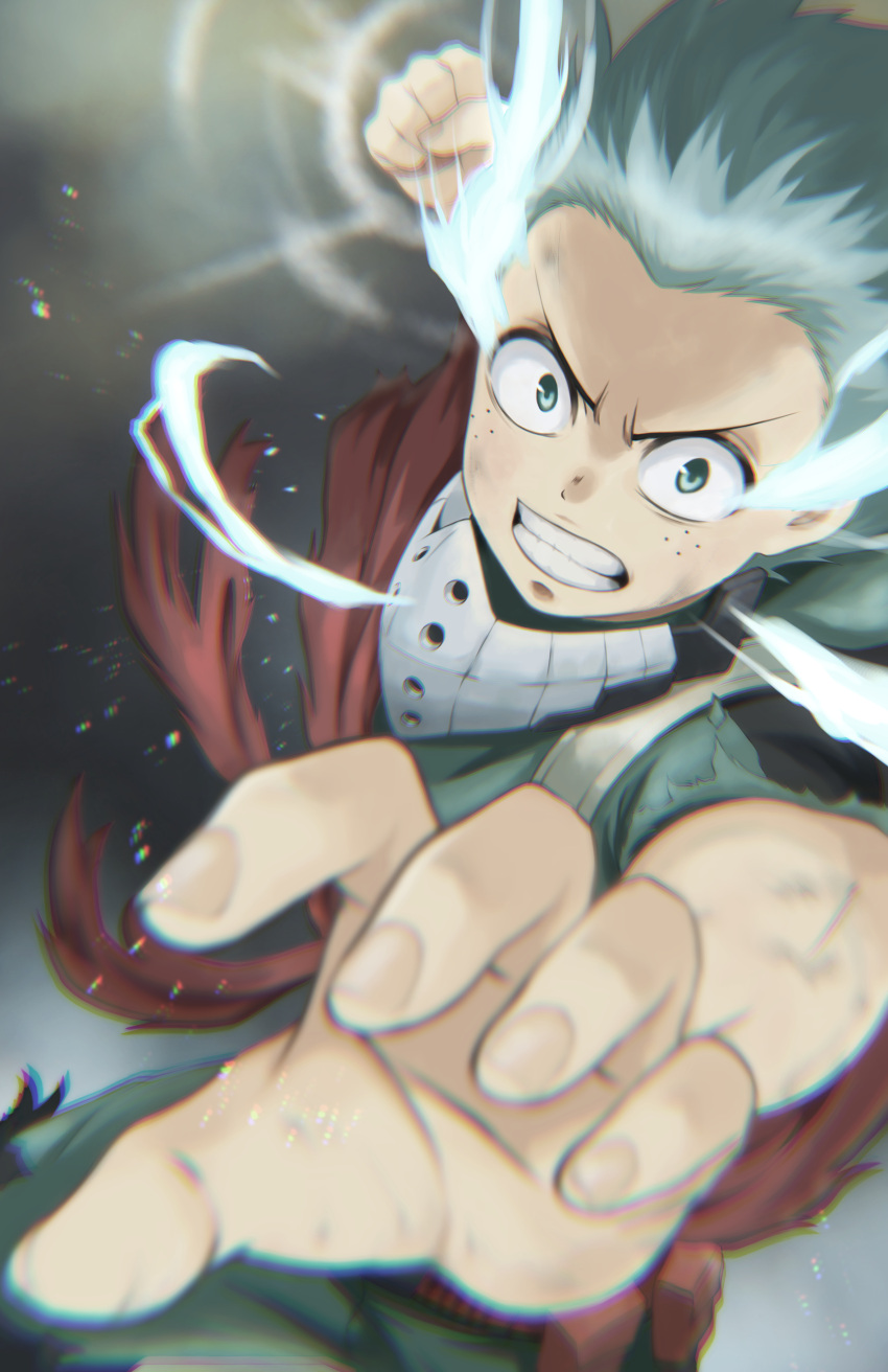 1boy absurdres blurry blurry_foreground bodysuit boku_no_hero_academia clenched_hand cowboy_shot depth_of_field fengling_(furin-jp) fighting_stance freckles gradient gradient_background green_bodysuit green_hair grin hair_up highres mask midoriya_izuku mouth_mask red_scarf scarf short_hair short_sleeves smile solo torn_bodysuit torn_clothes