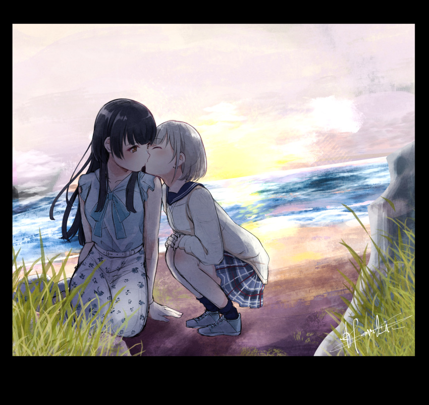 2girls age_difference arm_support beach black_border black_hair border brown_eyes closed_eyes dutch_angle eyebrows_visible_through_hair grey_hair highres idolmaster idolmaster_shiny_colors kiss kotobuki_haruki long_hair mayuzumi_fuyuko multiple_girls ocean serizawa_asahi short_hair sitting squatting sunset yuri