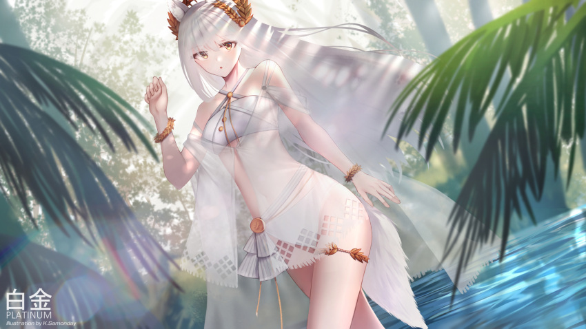 1girl :o animal_ears arknights artist_name bikini bracelet character_name commentary criss-cross_halter dutch_angle eyebrows_visible_through_hair flat_chest halterneck hand_up highres horse_ears horse_girl horse_tail jewelry ksartworks laurel_crown long_hair looking_at_viewer official_alternate_costume palm_leaf platinum_(arknights) platinum_(shimmering_dew)_(arknights) sarong solo standing swimsuit tail thigh_strap very_long_hair wading white_bikini white_hair white_sarong yellow_eyes
