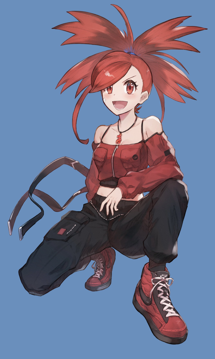 :d absurdres alternate_costume bare_shoulders belt black_pants blue_background breast_pocket breasts eyelashes flannery_(pokemon) highres jewelry loose_belt lower_teeth necklace odd_(hin_yari) off-shoulder_jacket off_shoulder open_mouth pants pocket pokemon ponytail red_eyes red_footwear redhead shoes simple_background smile sneakers spread_legs squatting tied_hair tongue