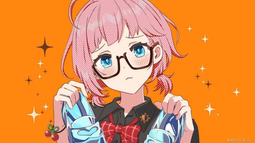 1girl ahoge asahina_akane_(nijisanji) bangs black_shirt blue_eyes bow bowtie cinderella_(vocaloid) commentary_request glasses highres holding holding_shoes looking_at_viewer mugimugigo nijisanji official_art orange_background pink_hair red_neckwear shirt shoes short_hair solo tears virtual_youtuber wing_collar