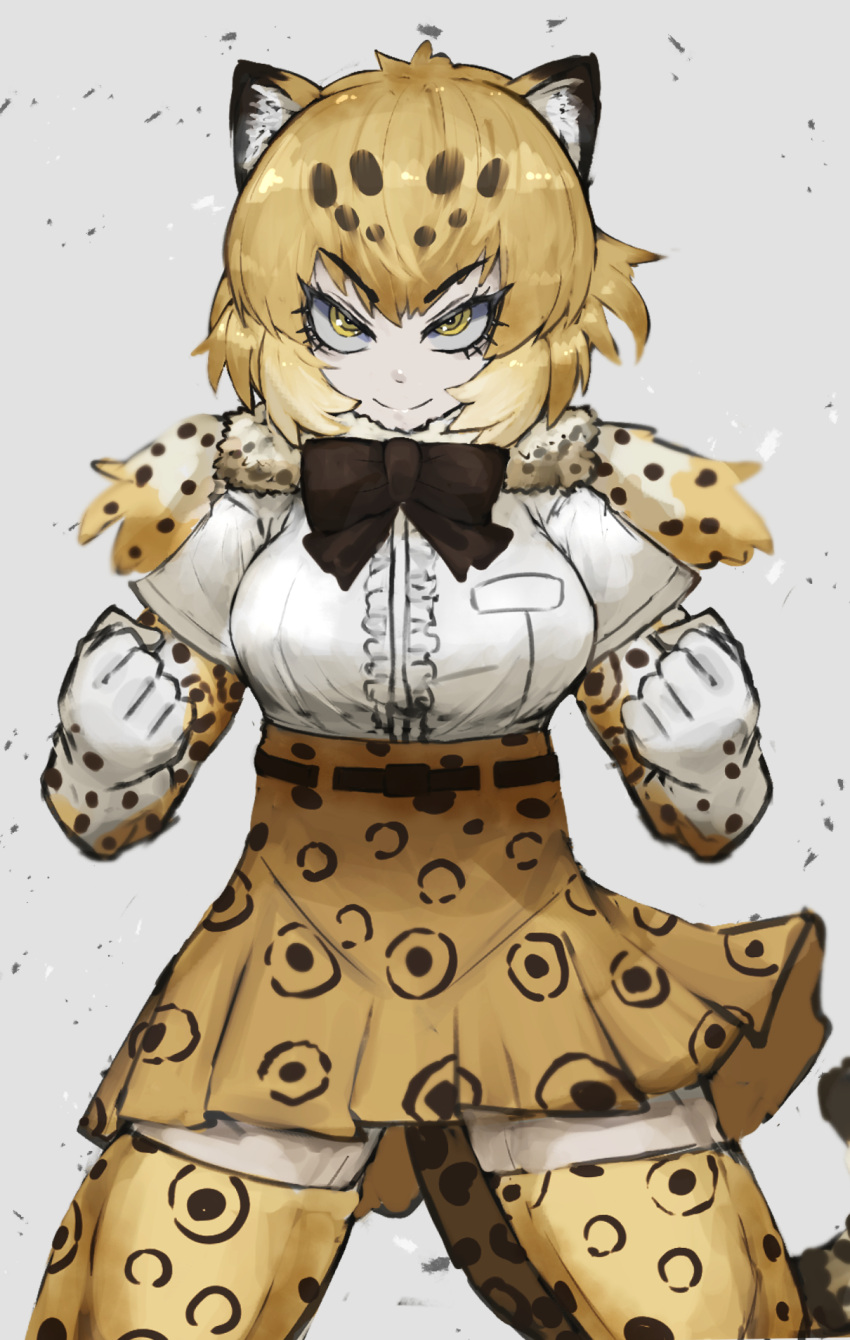 1girl adeshi_(adeshi0693119) animal_ears black_bow black_neckwear bow bowtie breasts brown_eyes brown_hair brown_legwear brown_skirt closed_mouth elbow_gloves eyebrows_visible_through_hair gloves highres jaguar_(kemono_friends) jaguar_ears jaguar_tail kemono_friends large_breasts looking_at_viewer short_hair skirt smile solo tail thigh-highs