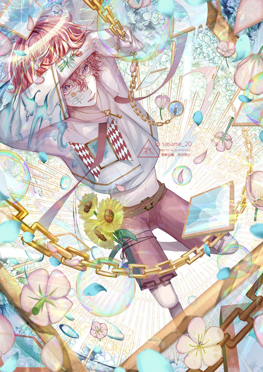 1boy artist_name bandaid bandaid_on_cheek bishounen blue_flower bubble chain flower glass halo highres jewelry key lens_flare necklace original petals pink_flower redhead sasame20 short_hair slit_pupils solo sunflower transparent white_flower window yellow_flower