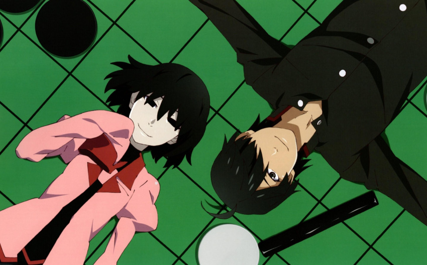 1boy 1girl androgynous antenna_hair araragi_koyomi artist_request black_eyes black_hair black_undershirt board_game bob_cut breasts commentary empty_eyes gakuran green_background grid grid_background hair_over_one_eye hand_to_own_mouth highres lying monogatari_(series) naoetsu_high_school_uniform narrowed_eyes on_back oshino_ougi outstretched_arms pale_skin pink_shirt puffy_sleeves reversi rotational_symmetry scan school_uniform shirt short_hair sleeves_past_fingers sleeves_past_wrists small_breasts smile turtleneck undershirt upper_body