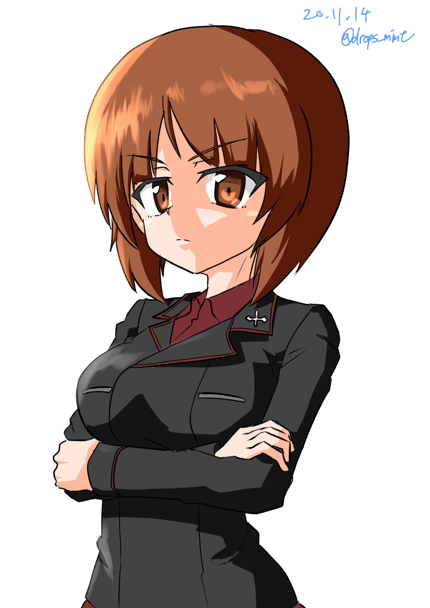 1girl absurdres bangs black_jacket brown_eyes brown_hair closed_mouth commentary dated dress_shirt drops_mint eyebrows_visible_through_hair frown girls_und_panzer highres insignia jacket kuromorimine_military_uniform long_sleeves looking_at_viewer military military_uniform nishizumi_miho red_shirt shirt short_hair simple_background solo twitter_username uniform upper_body white_background wing_collar