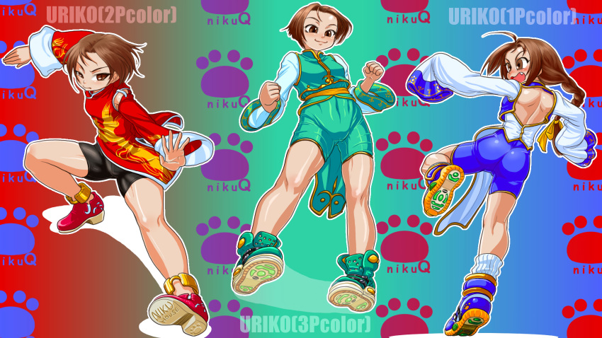 1girl ass bike_shorts bloody_roar blue_flower blush boro braid braided_ponytail brown_eyes brown_hair character_name clenched_hands fang fighting_stance flower full_body green_footwear highres long_hair long_sleeves low-tied_long_hair multiple_views nonomura_uriko open_mouth outline pelvic_curtain photoshop_(medium) red_footwear shoes short_hair sleeves_past_wrists smile sneakers solo white_outline