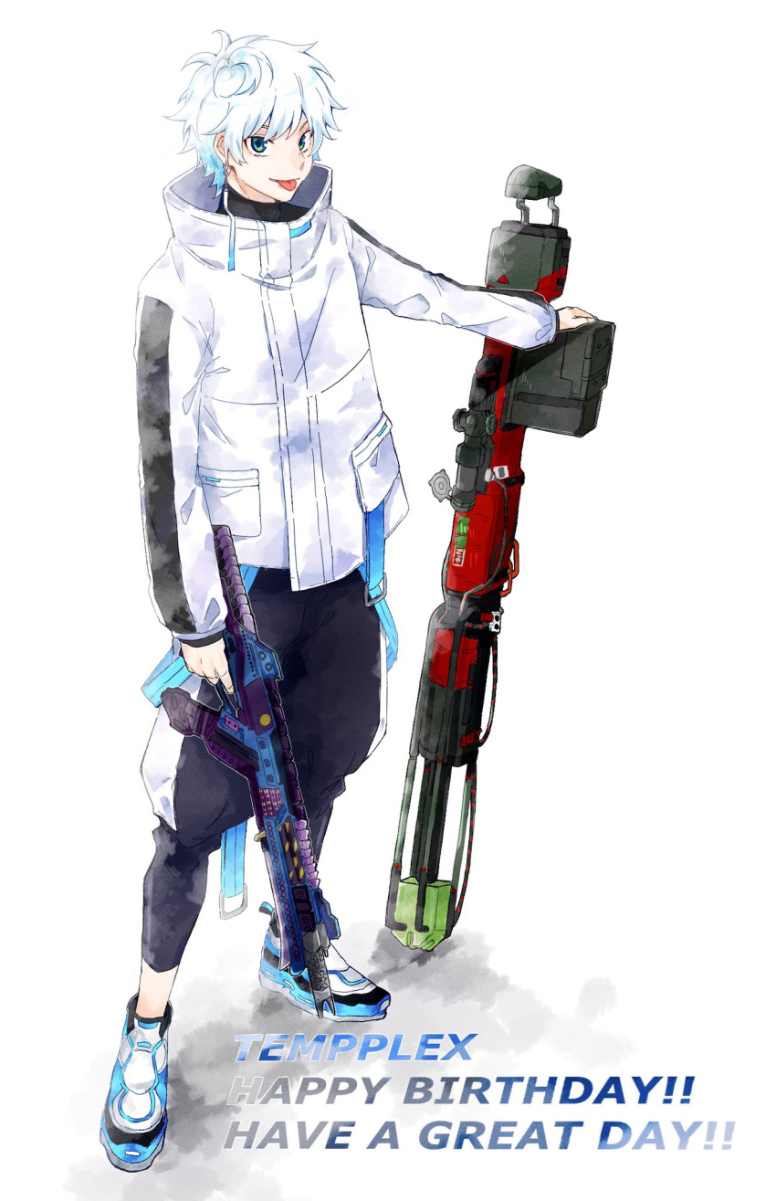 1boy apex_legends assault_rifle black_pants blue_eyes blue_hair bonchi_(katsuottk2) character_name gun hair_behind_ear happy_birthday highres holding holding_gun holding_weapon kraber male_focus multicolored_hair pants r-301_carbine reignite rifle shoes sneakers sniper_rifle solo streaked_hair sweatpants tempplex thai_commentary tongue tongue_out weapon white_background white_hair