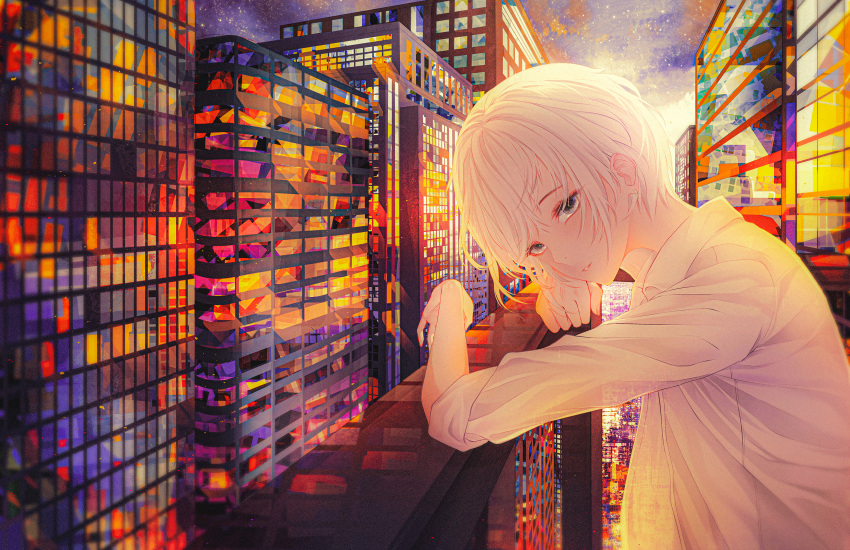 balcony building city cityscape clouds grey_eyes grey_hair head_tilt highres nao_ri original scenery short_hair sky skyscraper star_(sky) starry_sky white_hair