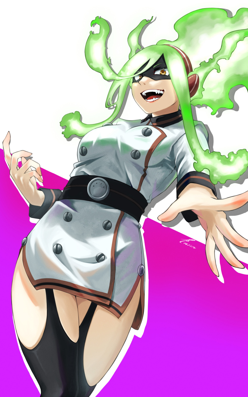 1girl :d absurdres bangs belt black_legwear boku_no_hero_academia breasts burnin_(boku_no_hero_academia) buttons commentary_request cowboy_shot domino_mask double-breasted dress fangs fengling_(furin-jp) fiery_hair green_hair hair_between_eyes hairband highres large_breasts long_hair long_sleeves looking_at_viewer mask open_mouth outline pink_background simple_background skindentation smile solo teeth thigh-highs white_background white_dress white_outline