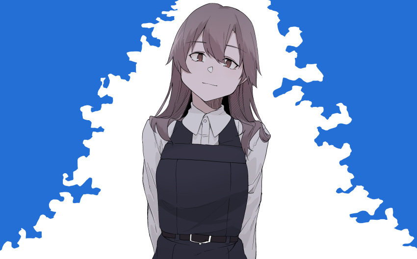 1girl absurdres alternate_costume arashio_(kancolle) bangs black_dress brown_eyes brown_hair closed_mouth daigaku_jitome dress eyebrows_visible_through_hair highres kantai_collection long_hair long_sleeves shirt simple_background solo two-tone_background upper_body white_shirt