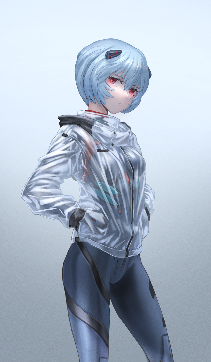 1girl absurdres ayanami_rei bangs black_bodysuit blue_hair bodysuit bodysuit_under_clothes breasts bryanth closed_mouth evangelion:_3.0+1.0_thrice_upon_a_time feet_out_of_frame gradient gradient_background grey_background hair_ornament hands_in_pockets highres hood hood_down huge_filesize long_sleeves looking_at_viewer neon_genesis_evangelion plugsuit raincoat rebuild_of_evangelion red_eyes see-through short_hair small_breasts solo standing transparent_raincoat